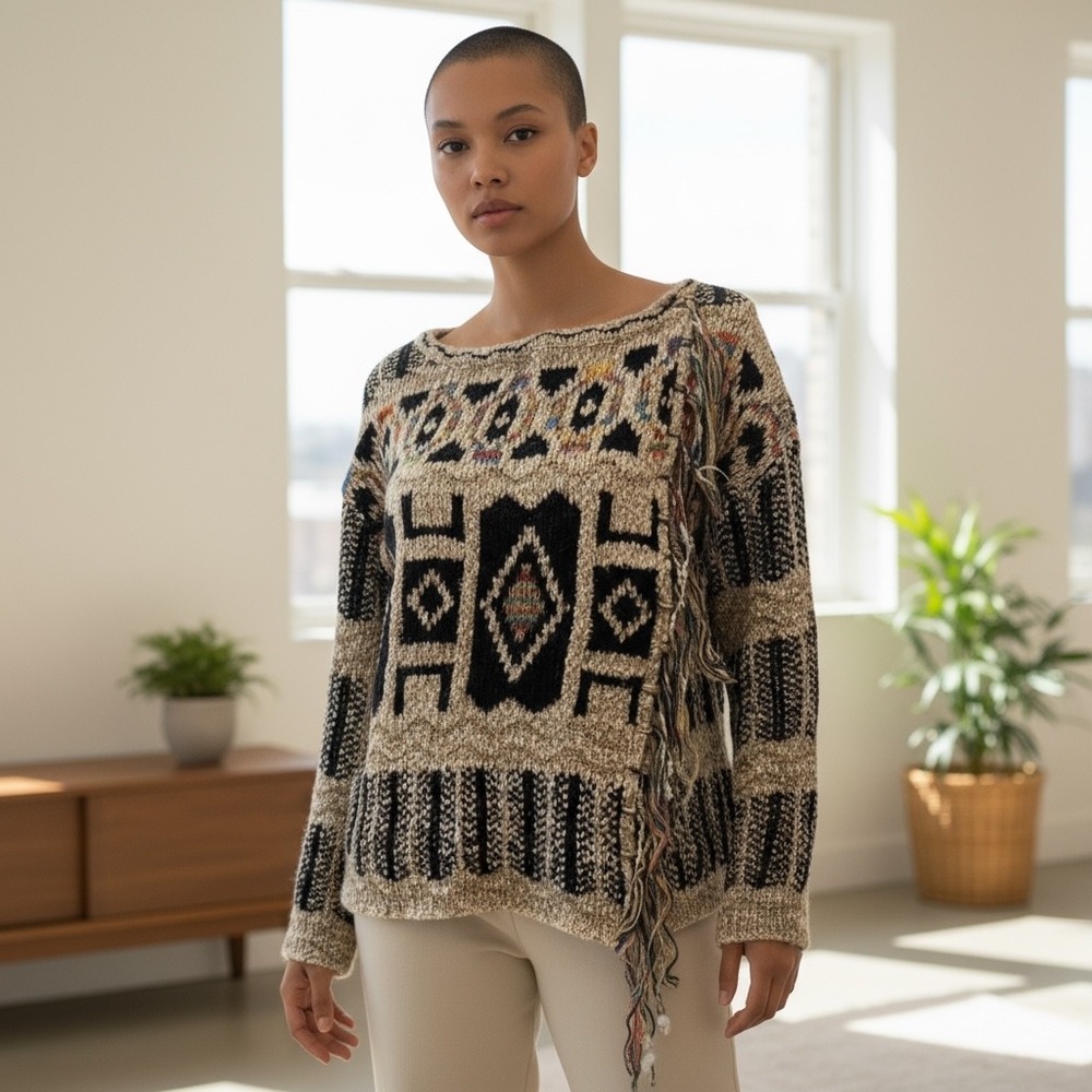 Boho Geometric Fringe Sweater Anthropologie Moth Knit Pullover‎